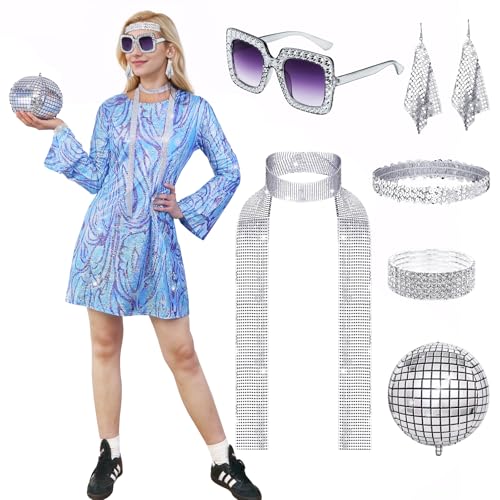 60er 70er Jahre Outfit Damen, Disco Kostüm Damen mit Glitzer kleid Disco Pailletten Sonnenbrille Haarband Ohrringe Halskette Discokugel 70er 80er Jahre Bekleidung Damen Fasching Karneval Kostüm (XL) 60er 70er Jahre Outfit Damen, Disco Kostüm Damen mit Glitzer kleid Disco Pailletten Sonnenbrille Haarband Ohrringe Halskette Discokugel 70er 80er Jahre Bekleidung Damen Fasching Karneval Kostüm (XL) von BITOYO