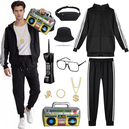 80er 90er Jahre Herren Outfit, 10 Stück Retro Trainingsanzug Set mit Tasche, Sonnenbrille, Hut und Halskette, 80er Jahre Jogginganzug Kostüm für Karneval, Bad Taste Party, Fasching, Halloween 80er 90er Jahre Herren Outfit, 10 Stück Retro Trainingsanzug Set mit Tasche, Sonnenbrille, Hut und Halskette, 80er Jahre Jogginganzug Kostüm für Karneval, Bad Taste Party, Fasching, Halloween von BITOYO