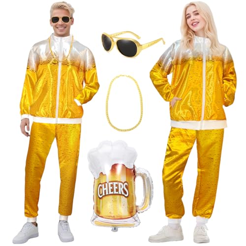 80er Jahre Kostüm Trainingsanzug Herren, Bierkostüm Herren und Damen, Faschingskostüm mit Jacke, Hose, Brille, Halskette, Ballon, 80er 90er Jahre Kostüm für Bierfest Karneval Halloween Party (M) von BITOYO