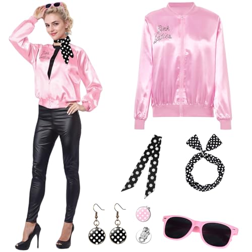 50s Pink Ladies Damen, 50er Jahre Outfit Schicke Jacke Kostüm Set, Rockabilly Accessoires Damen mit Haarband Binden Brille Ohrringe für Halloween Karneval Cosplay 50s Pink Ladies Damen, 50er Jahre Outfit Schicke Jacke Kostüm Set, Rockabilly Accessoires Damen mit Haarband Binden Brille Ohrringe für Halloween Karneval Cosplay von BITOYO
