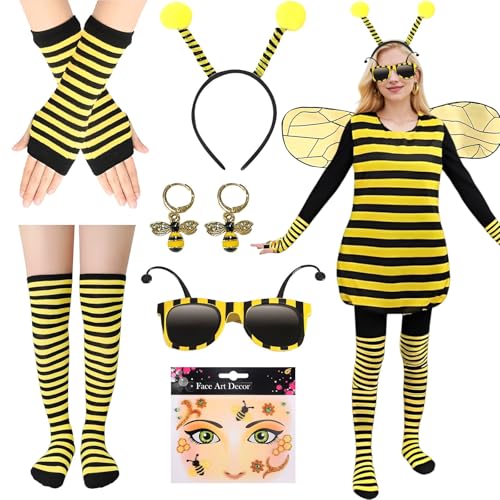 Bienenkostüm Erwachsene, Hummel Kostüm Damen mit Bienen Kostüm Kleid Flügel, Biene Haarreif, Handschuhe, Socken, Ohrringe, Brille, Bienenaufklebern für Damen Herren Karneval Bienenkostüm Erwachsene, Hummel Kostüm Damen mit Bienen Kostüm Kleid Flügel, Biene Haarreif, Handschuhe, Socken, Ohrringe, Brille, Bienenaufklebern für Damen Herren Karneval von BITOYO