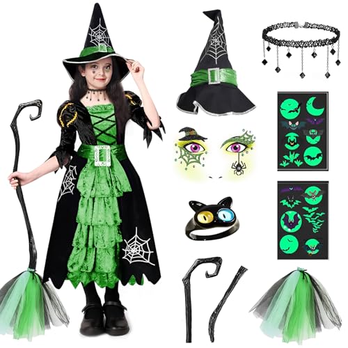 BITOYO Hexenkostüm kinder, 7 Stück Hexen Kostüm Halloween Hexenkleid mit Hexenhut Halskette Aufkleber und Zauberstab Hexe Accessoires für Kinder Mädchen Karneval Fasching Cosplay Party (Grün, L) BITOYO Hexenkostüm kinder, 7 Stück Hexen Kostüm Halloween Hexenkleid mit Hexenhut Halskette Aufkleber und Zauberstab Hexe Accessoires für Kinder Mädchen Karneval Fasching Cosplay Party (Grün, L) von BITOYO