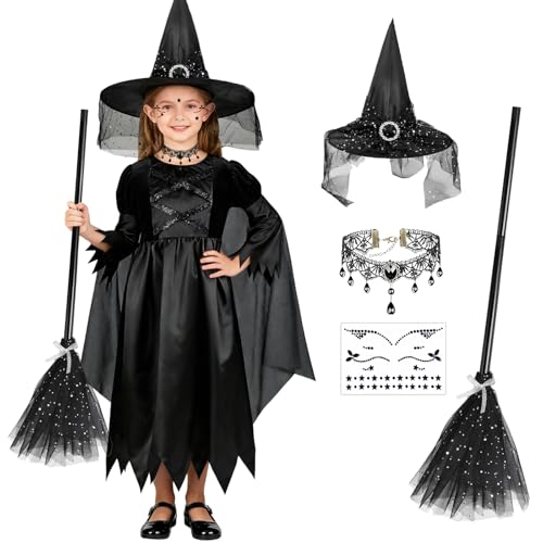 BITOYO Schwarze Hexe Kostüm für Mädchen Hexenkostüm Halloween Kostüm Party, Karneval Fasching Bekleidung, Magic Deluxe Fancy Dress Outfit für Kinder Rollenspiel Party (140) von BITOYO
