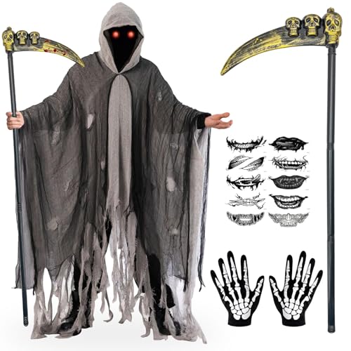 BITOYO Sensenmann Kostüm Halloween, Sensenmann Herren Geister Kit mit Sense, Skelett Handschuhe, Narbe Sticker und Vintage Horror Umhang, Tod Kostüm für Erwachsene für Halloween Party Karneval Cosplay von BITOYO