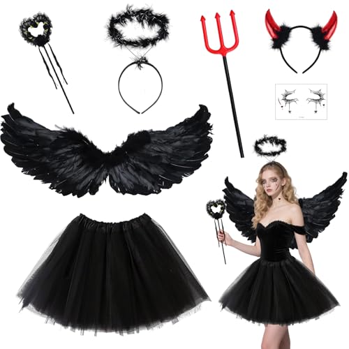 BITOYO Teufel Kostüm Schwarz Engel Kostüm Damen Mädchen, Engelsflügel mit Schwarze Flügel Heiligenschein Zauberstab Teufelshörner Heugabel Tutu Rock für Halloween Karneval von BITOYO