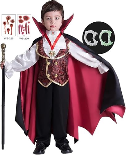 BITOYO Vampir Kostüm Jungen Halloween Kostüm Kinder, Halloween Umhang und Vampirzähne, Zepter, Tattoo, Teufel Kostüme Jungen Mädchen, Karneval Mottoparty Dracula Cosplay Party(L-130) von BITOYO