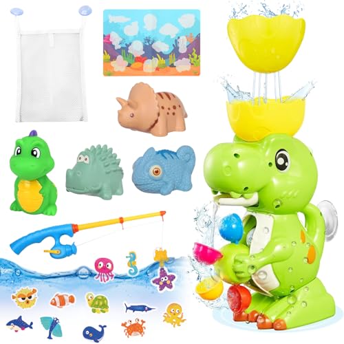 BITOYO Baby Badespielzeug, Dinosaurier Wasserspielzeug Kinder, Spritzen Schwimmendes Spielzeug, No-Mold Magnetisch Angelspiel, Badewannenspielzeug ab 1 2 3 4 Jahr mit Aufbewahrungstasche von BITOYO