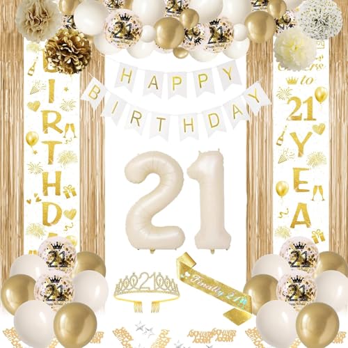 21 Geburtstag Deko Weiß Gold, 21. Party Mädchen Deko, Beige Gold Ballon Deko, Happy Birthday Girlande Tür Banner, Lametta Vorhänge, Geburtstags Schärpe für Frauen Mädchen 21 Geburtstag Deko von BITOYO