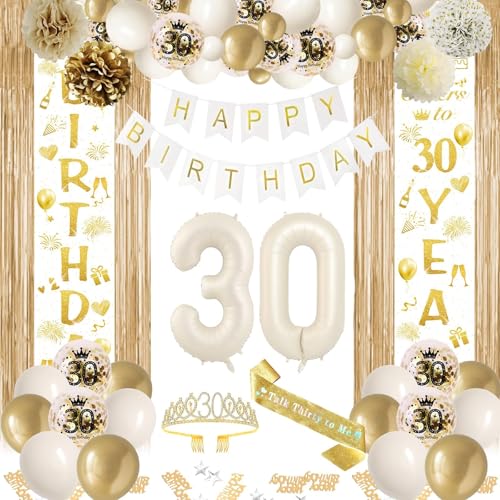 30 Geburtstag Deko Weiß Gold, 30. Party Mädchen Deko, Beige Gold Ballon Deko, Happy Birthday Girlande Tür Banner, Lametta Vorhänge, Geburtstags Schärpe für Frauen Mädchen 30 Geburtstag Deko von BITOYO
