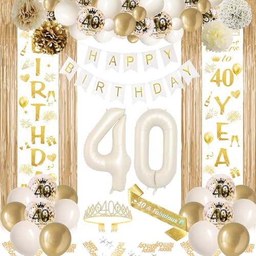 40 Geburtstag Deko Weiß Gold, 40. Party Mädchen Deko, Beige Gold Ballon Deko, Happy Birthday Girlande Tür Banner, Lametta Vorhänge, Geburtstags Schärpe für Frauen Mädchen 40 Geburtstag Deko von BITOYO