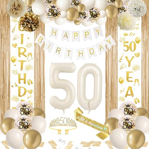 50 Geburtstag Deko Weiß Gold, 50. Party Mädchen Deko, Beige Gold Ballon Deko, Happy Birthday Girlande Tür Banner, Lametta Vorhänge, Geburtstags Schärpe für Frauen Mädchen 50 Geburtstag Deko von BITOYO