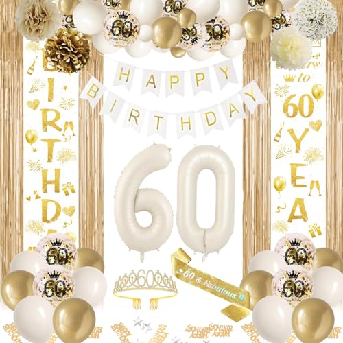 60 Geburtstag Deko Weiß Gold, 60. Party Mädchen Deko, Beige Gold Ballon Deko, Happy Birthday Girlande Tür Banner, Lametta Vorhänge, Geburtstags Schärpe für Frauen Mädchen 60 Geburtstag Deko von BITOYO