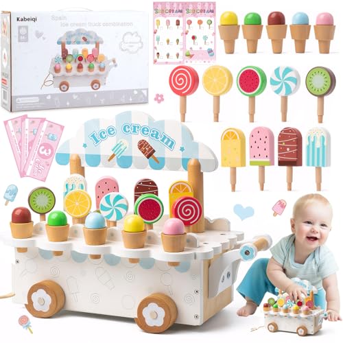 Eisdiele Kinder Holz, Kaufladen Zubehör Eisladen Kinder Eiscreme Einkaufsladen EIS Holzspielzeug Spielküche Zubehör Eisverkauf Kaufmannsladen zum Rollenspiel, Montessori Spielzeug Geschenk ab 3 Jahre von BITOYO