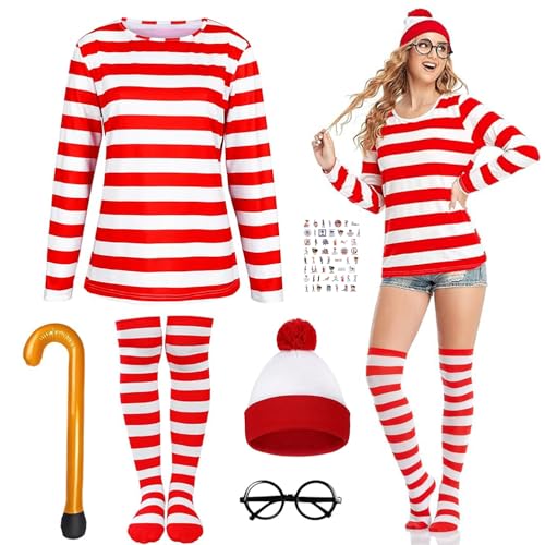 Erwachsenenkostüm, 6-teiliges Cosplay-Zubehör-Set mit rot-weiß gestreiftem T-Shirt, Beanie-Mütze, Nerd-Brille für Männer und Frauen, Welttag des Buches, Halloween, Karneval, Schulverkleidungstag Erwachsenenkostüm, 6-teiliges Cosplay-Zubehör-Set mit rot-weiß gestreiftem T-Shirt, Beanie-Mütze, Nerd-Brille für Männer und Frauen, Welttag des Buches, Halloween, Karneval, Schulverkleidungstag von BITOYO
