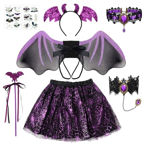 Halloween Fledermaus Kostüm Mädche, 7-Teiliges Set Fledermausflügel-Kostüm für Kinder, Lila Tutu Rock, Flügel, Stab, Kopfbedeckungen, Halsketten, Armbänder, für Karneval Kostümparty Halloween Kostüm von BITOYO