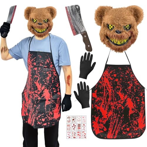 Horror Bär Kostüm, Halloween Kostüm Herren horror kostüm mit Bärenmaske, Gefälschtes Messer, Schürze, Handschuhe und Tattoos, Blutiger Killer Gruselige Maske für Halloween Karneval Fasching Kostüm von BITOYO