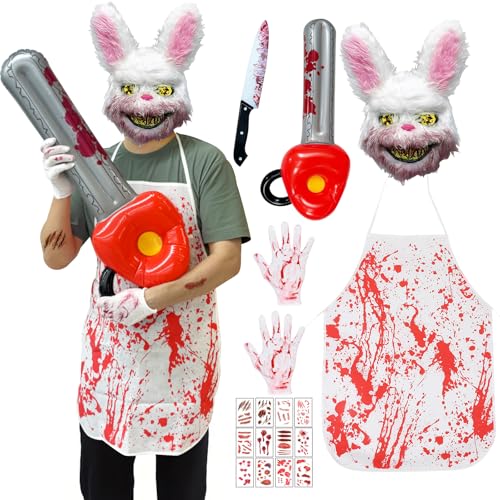 Horror Hase Kostüm, Halloween Kostüm Herren Halloween Kettensäge Mann Kostüm mit Hasen Maske Aufblasbarer Kettensäge und Gefälschtes Messer, Blutige Kaninchen Maske Hasenmaske für Maskerade Cosplay von BITOYO