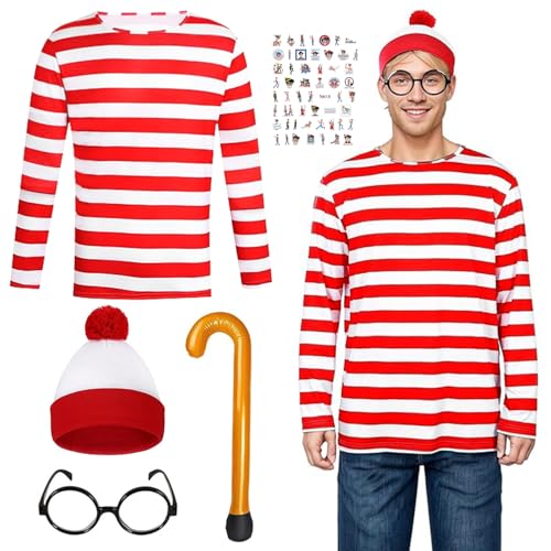 Kostüm für Erwachsene, 90er Jahre Cosplay Zubehör Set mit rot-weiß gestreiftem T-Shirt, Beanie-Mütze, Nerdbrille für Männer und Frauen, Welttag des Buches, Halloween, Karneval, Schulverkleidungstag Kostüm für Erwachsene, 90er Jahre Cosplay Zubehör Set mit rot-weiß gestreiftem T-Shirt, Beanie-Mütze, Nerdbrille für Männer und Frauen, Welttag des Buches, Halloween, Karneval, Schulverkleidungstag von BITOYO