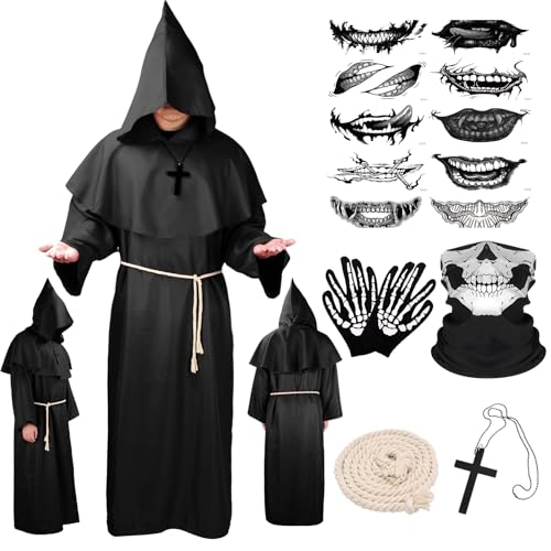 Mönch Kostüm, Halloween Kostüm Herren Mönch Priester Gewand Kostüm mit Kapuze Mittelalter Renaissance Robe Mönchskutte mit Kreuz-Halskette, Gürtel, Gesichtsmaske, Handschuhe und Tattoos (Schwarz, S) von BITOYO