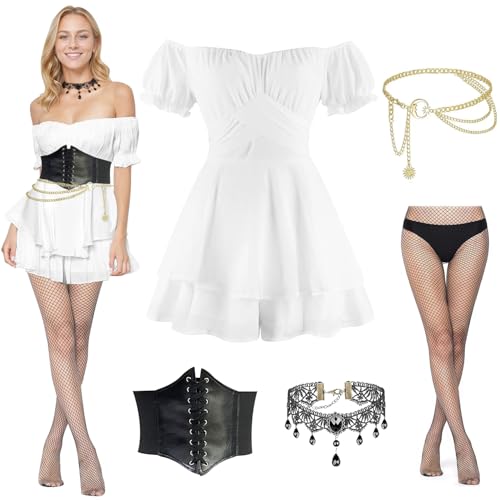Piratenkostüm Damen, 5PCS Karneval Kostüm Damen Renaissance Schulterfreies Kleid Kurzer Overall Jumpsuit mit Taillenkette, Halsband, Gürtel, Strümpfen Perfekt für Halloween Karneval Partys Kostüm (S) von BITOYO