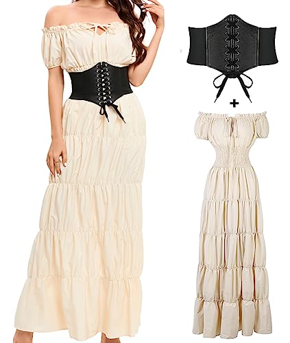 BITSEACOCO Damen Mittelalter Renaissance Kleid, Halloween Pirat Bauer Hexe Kostüm, Irisches Fee Chemise Lange Kleider (Beige, L) von BITSEACOCO