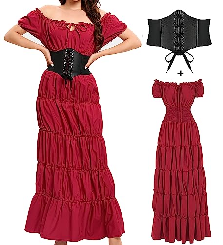 BITSEACOCO Damen Mittelalter Renaissance Kleid, Halloween Pirat Bauer Hexe Kostüm, Irisches Fee Chemise Lange Kleider (Weinrot, S) von BITSEACOCO