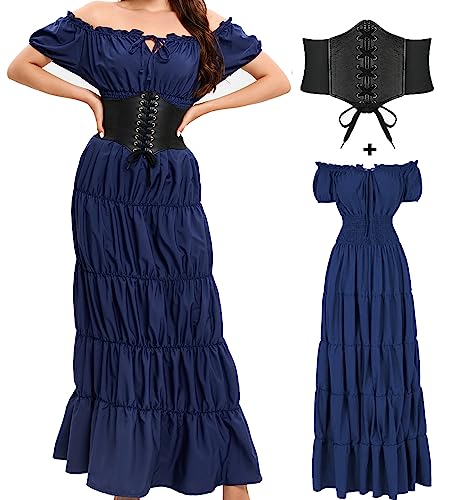 BITSEACOCO Damen Mittelalter Renaissance Kleid, Halloween Piraten Bauer Hexe Kostüm, Irisches Fee Chemise Lange Kleider (Blau, L) von BITSEACOCO