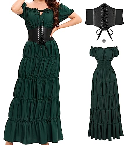 BITSEACOCO Damen Mittelalter Renaissance Kleid, Halloween Piraten Bauer Hexe Kostüm, Irisches Fee Chemise Lange Kleider (Grün, L) von BITSEACOCO