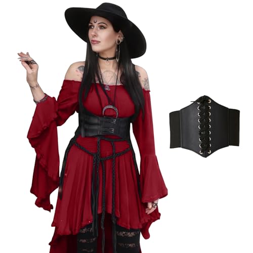 BITSEACOCO Damen Schulterfrei Gothic Hexe High Low Kleid Viktorianisch Mittelalter Feenkleider Cosplay Halloween Kostüme, Weinrot, M von BITSEACOCO