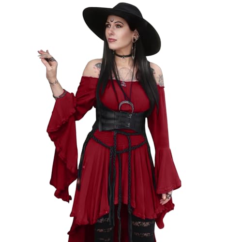 BITSEACOCO Damen Schulterfrei Gothic Hexe High Low Kleid Viktorianisch Mittelalter Feenkleider Cosplay Halloween Kostüme, Weinrot, XXL BITSEACOCO Damen Schulterfrei Gothic Hexe High Low Kleid Viktorianisch Mittelalter Feenkleider Cosplay Halloween Kostüme, Weinrot, XXL von BITSEACOCO