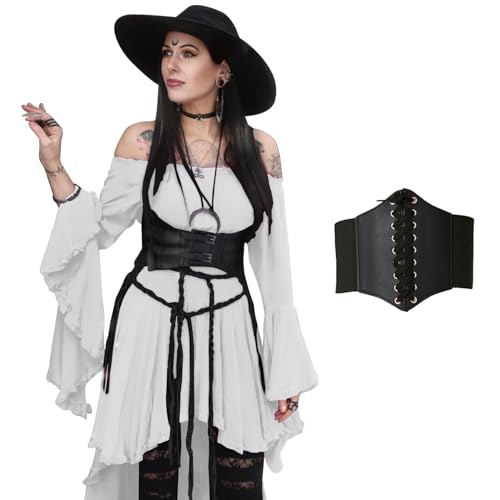 BITSEACOCO Damen Schulterfrei Gothic Hexe High Low Kleid Viktorianisch Mittelalter Feenkleider Cosplay Halloween Kostüme, Weiss/opulenter Garten, XXL von BITSEACOCO