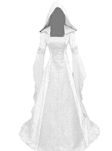 BITSEACOCO Deluxe Hexenkleid Kostüm für Frauen, Vintage Bestickte Renaissance Viktorianische Gothic Kapuze Vampirkleid Kleid Cosplay (Weiß, M) von BITSEACOCO