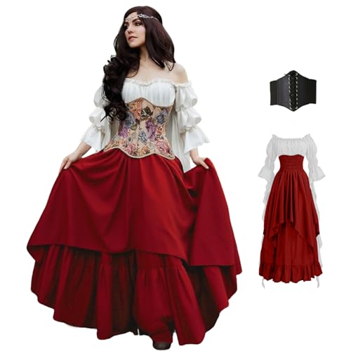 BITSEACOCO Frauen Renaissance Fee Lagenkleid viktorianische irische Kostüme Halloween Cosplay Mittelalter Gothic Piratenkleider, Weiß und Weinrot, XXL BITSEACOCO Frauen Renaissance Fee Lagenkleid viktorianische irische Kostüme Halloween Cosplay Mittelalter Gothic Piratenkleider, Weiß und Weinrot, XXL von BITSEACOCO