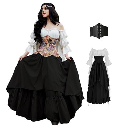 BITSEACOCO Frauen Renaissance Fee Lagenkleid viktorianisches irisches Kostüm Halloween Cosplay Mittelalter Gothic Piratenkleider (Größe M, Weiß + Schwarz) von BITSEACOCO