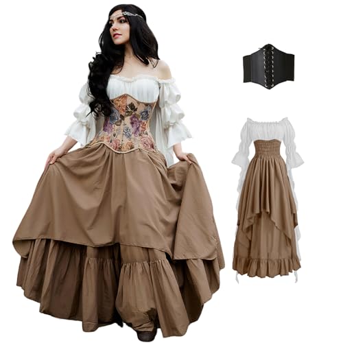 BITSEACOCO Frauen Renaissance Fee Lagenkleid viktorianisches irisches Kostüm Halloween Cosplay Mittelalter Gothic Piratenkleider (Größe S, Weiß + Khaki) von BITSEACOCO