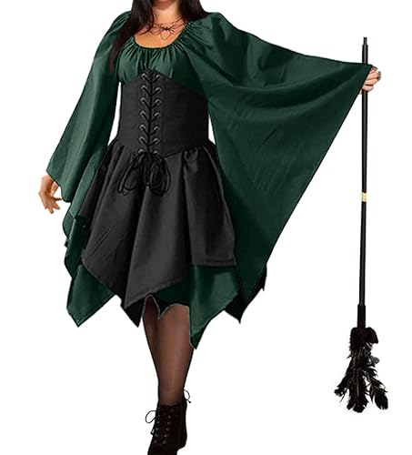 BITSEACOCO Mittelalter Renaissance Korsett Kleid für Damen Viktorianischen Gothic Piraten Elf Kostüme Retro Irische Kurze Kleider, Grün/Schwarz, L von BITSEACOCO
