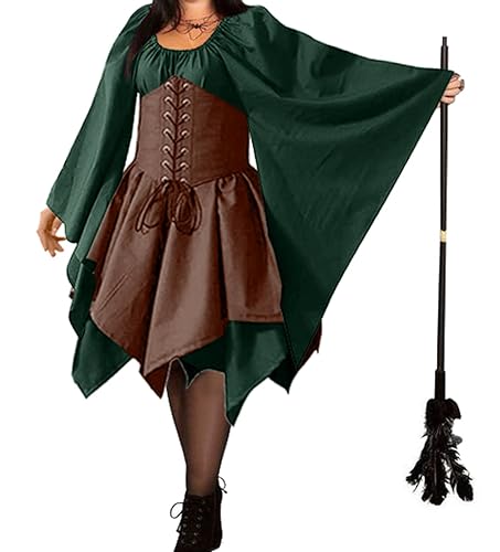 BITSEACOCO Mittelalter Renaissance Korsett Kleid für Damen Viktorianischen Gothic Piraten Elf Kostüme Retro Irische Kurze Kleider, Grün / Braun, XL von BITSEACOCO