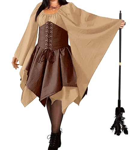 BITSEACOCO Mittelalter Renaissance Korsett Kleid für Damen Viktorianischen Gothic Piraten Elf Kostüme Retro Irische Kurze Kleider, Khaki+Braun, L von BITSEACOCO
