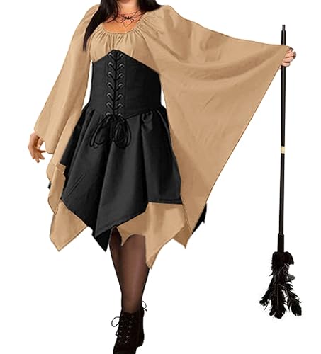 BITSEACOCO Mittelalter Renaissance Korsett Kleid für Damen Viktorianischen Gothic Piraten Elf Kostüme Retro Irische Kurze Kleider, Khaki+schwarz, 3XL von BITSEACOCO