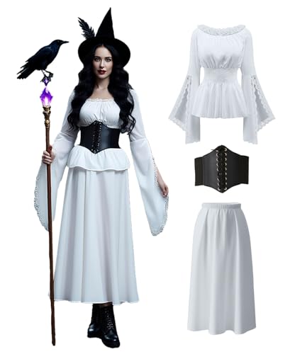 BITSEACOCO Viktorianisches Renaissance-Feenkostüm für Damen, Renaissance-Outfit, mittelalterliches Piratenhemd und Rock, Halloween-Kleid (S, Weiß) von BITSEACOCO