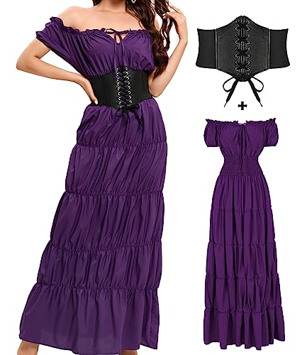Damen Mittelalter Renaissance Kleid, Halloween Pirat Bauer Hexe Kostüm, Irisches Fee Chemise Lange Kleider (Lila, XXXL) von BITSEACOCO