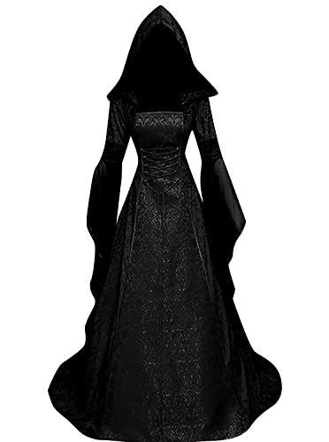 Deluxe Hexenkleid Kostüm für Frauen, Vintage Bestickte Renaissance Viktorianische Gothic Kapuze Vampirkleid Kleid Cosplay (Schwarz, S) von BITSEACOCO