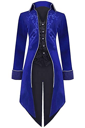 Herren Mittelalter Steampunk Frack Halloween Kostüme Samt Bestickt Viktorianischen Smoking Jacke Gothic Vintage Frock Coat, blau, X-Large von BITSEACOCO