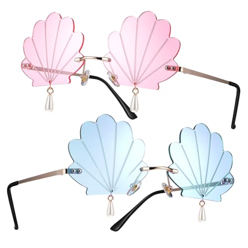 BIUDECO 2 Stück Teiliges Muschel Sonnenbrillen Damen Randlose Rave Partybrillen aus Robustem PC Goldfarbener Rahmen mit Hellblauen und Pinken Gläsern Modisch für Festival Karneval und BIUDECO 2 Stück Teiliges Muschel Sonnenbrillen Damen Randlose Rave Partybrillen aus Robustem PC Goldfarbener Rahmen mit Hellblauen und Pinken Gläsern Modisch für Festival Karneval und von BIUDECO