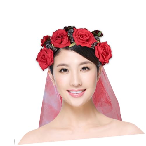 BIUDECO Halloween Haarreif mit Roter Rosenblüte und Totenkopf Leichtes Stirnband für Erwachsene Farbenfroher Kopfschmuck für Halloween Kostümpartys Bequem und Langlebig von BIUDECO