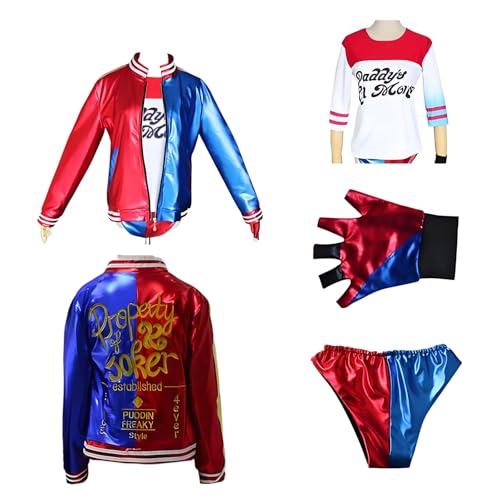 Deluxe-Lederjacke für Damen, Kostüm, Strumpfhose, Shorts, Bodysuit, Oberteil mit Handschuh, Halloween-Cosplay-Outfit-Set (110, Rot-1) von BIUTEY