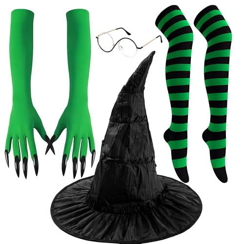 BIWISY Hexenkostüm-Zubehör, Hexenhut, Zubehör, Brille, grüne Handschuhe, gestreifte Strümpfe, Erwachsene, Halloween, Film, Party, Puppen, 4 Stück von BIWISY