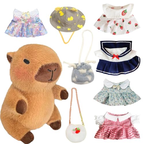 BIZOI 9 Stück Capybara Kuscheltier mit Kleidung, Capybara Plushies mit Kleidung und Accessoires, Wasserschwein Kuscheltier, für Wohnzimmer, Home Deko, Erntedank, Geburtstagsgeschenk, Jungen, Mädchen von BIZOI