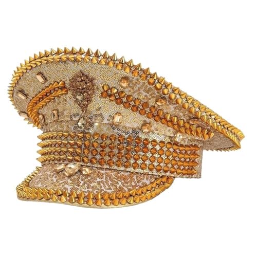 Glänzende Kapitänsmütze mit Strass-Pailletten for Damen und Herren, glänzende Militärmütze, geeignet als Party-, Festival-Kostüm, Bühnen-Performance-Accessoire, mehrere Farben erhältlich(Gold1) von BIZTTLOG