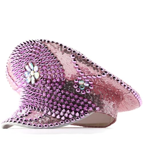 Glänzende Kapitänsmütze mit Strass-Pailletten for Damen und Herren, glänzende Militärmütze, geeignet als Party-, Festival-Kostüm, Bühnen-Performance-Accessoire, mehrere Farben erhältlich(Pink1) von BIZTTLOG